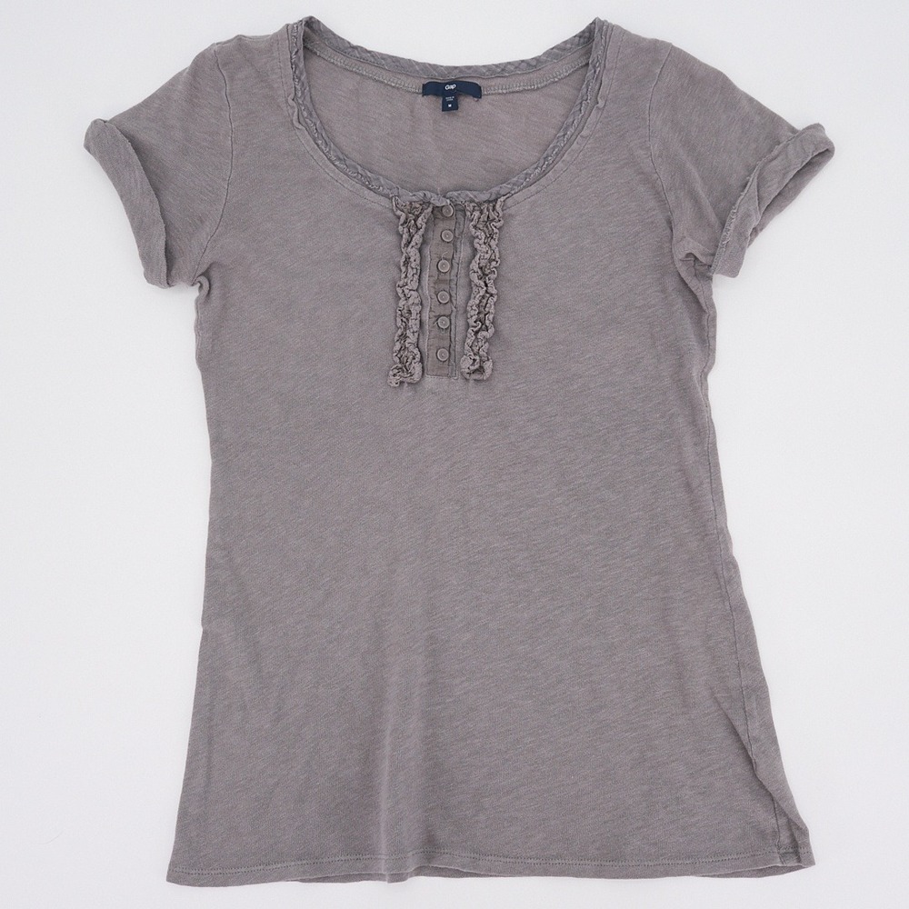 Gap Taupe Gray Henley Top Ruffle Trim Scoop Neck Short Sleeve